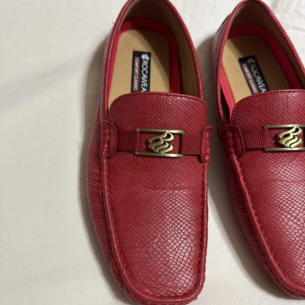 Rocawear Men's Red Faux Python Skin Driving Loafers Gold Buckle Size 10